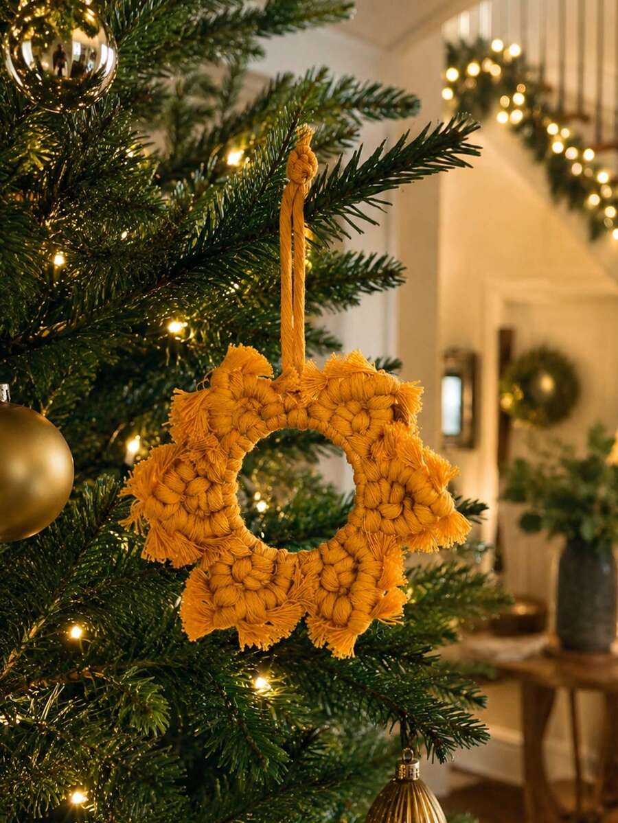 1 buah Ornamen Gantung Kepingan Salju Anyaman Kuning Natal Gaya Boho, Desain Bintang Bunga Melingkar dengan Tepi Rumbai, Liontin Pohon Meriah untuk Pohon Natal, Perapian, Jendela, Dinding, Pesta Liburan, Dekorasi Rumah Musiman - Gaya 3 - View 1