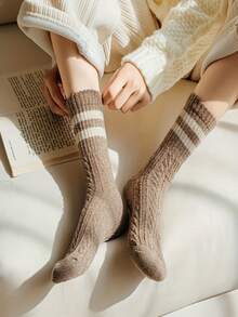5 Pairs Random Color Autumn/Winter Women's Mid-Calf Thick Warm Socks, Ins Japanese School Style Retro Cable Knit Striped Versatile Slouch Socks - Multicolor - View 7
