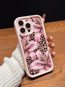 粉色甜美百合花性感豹紋磨砂防摔手機殼，適用於 iPhone 11/12/13/14/15/16/13 Pro Max/16 Plus/XR/8P/17 Pro Max - 粉色 - 查看 2