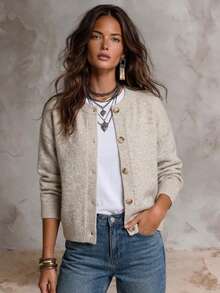Cardigan Pullover Wanita Kasual Elegan Regular Fit Warna Polos Kancing Tunggal Lengan Panjang Leher Bulat Bahu Jatuh Musim Gugur - Aprikot - View 3