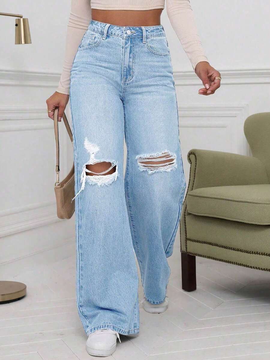 Teen Girls Wide Leg Washed Distressed Jeans, Fashion - Baby Blue - View 1