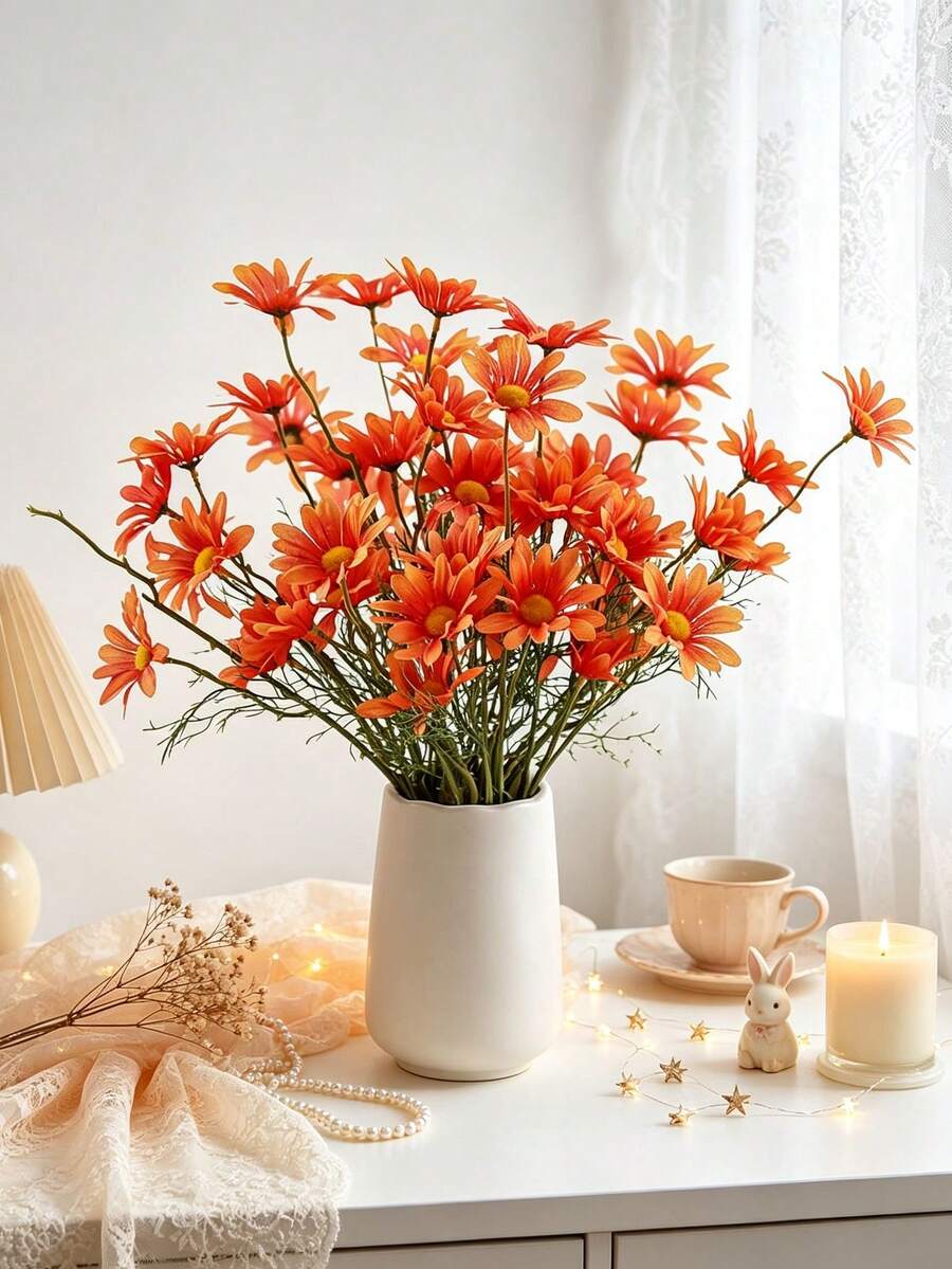 3pcs Artificial Daisy Bouquet, Suitable For Home Decor, Party Decor, Wedding Decor, Table Centerpiece, Living Room Decor, Autumn Decor, Valentine's Day, Halloween, Birthday Gift, Graduation Ceremony And Other Occasions - Orange - View 1