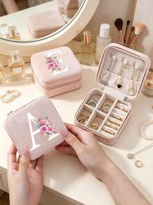 A-Z Floral Initial Travel Jewelry Organizer, Pink PU Leather Mini Zipper Jewelry Box, Compartment Portable Ring Earring Necklace Storage Box, A-Z Letter Women Girls Gift Box - Multicolor - View 10