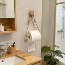 1/2 Pcs Hemp Rope Tissue Holder, Solid Wood Woven Storage Towel Rack, Face Towel Storage Rack, Creative Punch-Free Roll Paper Holder, Elegant Bathroom Toilet Paper Holder, Elegant And Practical Bathroom Accessory - Apricot - View 3