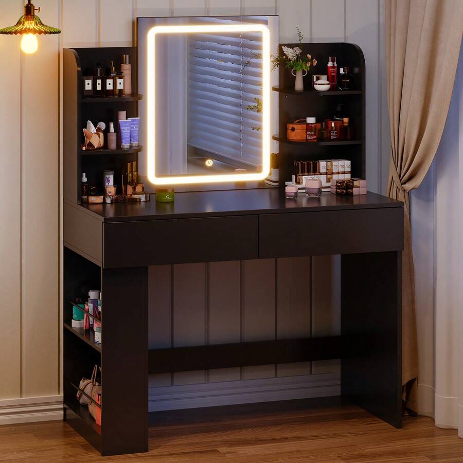 Devoko Dressing Table With LED Lighting, 3 Colors With Adjustable Brightness, Dressing Table With Mirror For Make-Up, Cosmetic Table With Adjustable Shelves, 2 Drawers, Modern, White - 查看 1