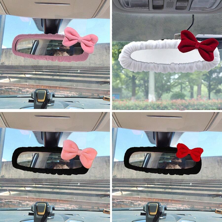1pc Universal Plush Rearview Mirror Cover, Bow Plush Rearview Mirror Cover, Car Accessories, Car Decoration, Decorative Car, Gift, Rearview Mirror Protection Cover, Pink Car Rearview Mirror Protection Cover, Cartoon Car Interior Decoration Accessories - Little Bow - View 1
