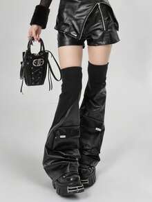 STAR RIVER Subculture Y2K Style Black Leather Patchwork Ribbed Hot Girl 3D Pocket Techwear Leg Warmers - Black - View 5