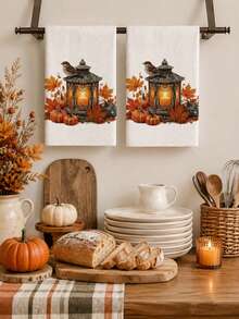 2pcs/4pcs Autumn Thanksgiving Kitchen Towels, Vintage Lantern Bird Pumpkin Maple Leaf Print, Harvest Home Decor Hand Towels - Multicolor - View 7