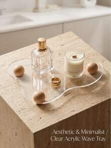 1pc Ins Style Minimalist Acrylic Asymmetrical Vanity Organizer, Wooden Base, Cosmetics Perfume Jewelry Display Rack, Suitable For Bedroom And Desktop Decor - Multicolor - View 6