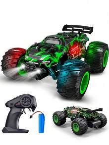 1辆2.4GHz高速遥控怪兽卡车，1:18比例，时速20公里/小时，全地形遥控车，带前灯和彩色车身灯，速度可调，带车壳，3.7V可充电电池，适合3岁以上儿童，可作为入门级遥控车礼物，适合圣诞节、万圣节、生日等场合（蓝/绿） - 彩色 - 查看 4