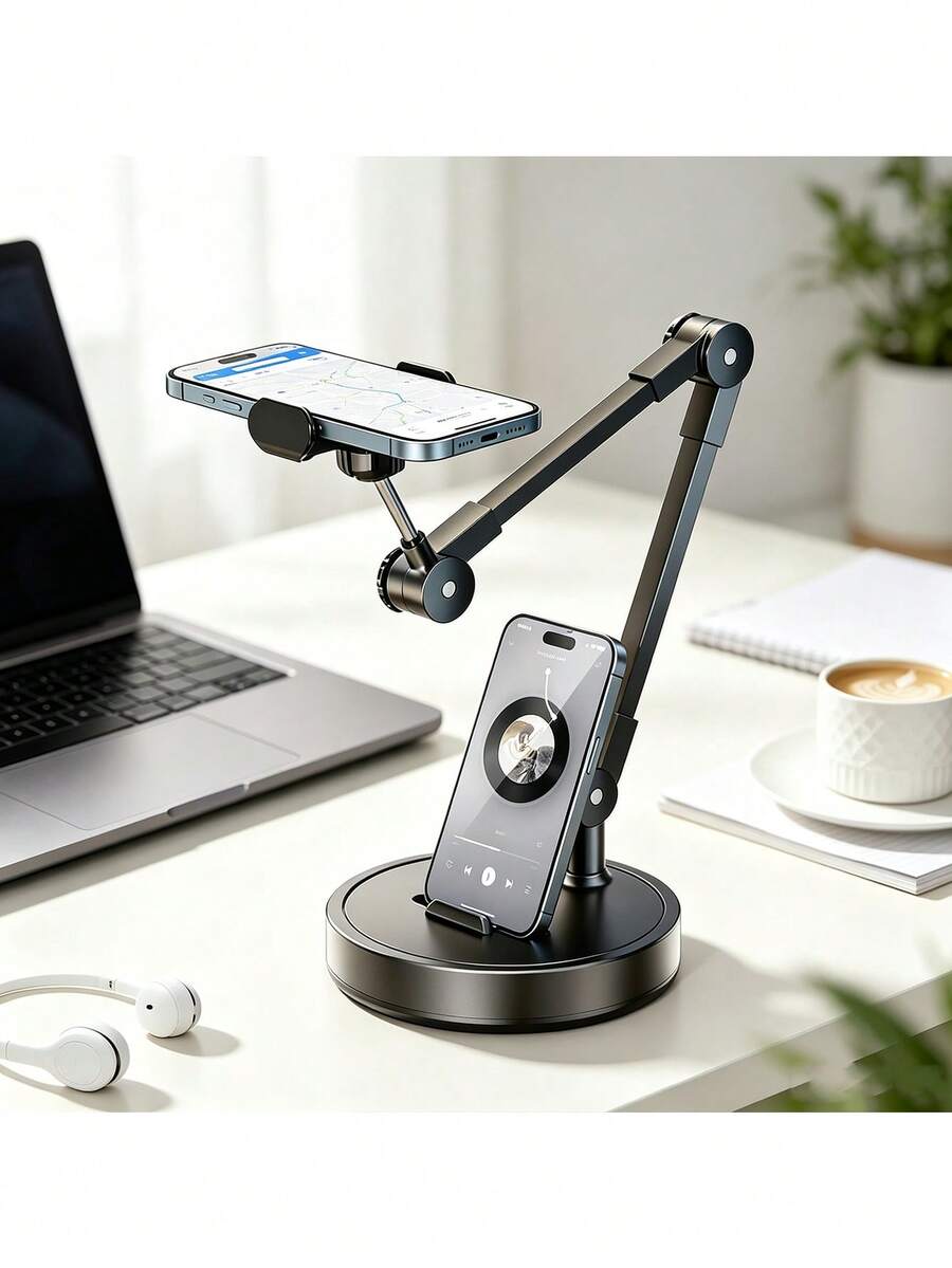 720° Adjustable Metal Phone Stand, Multi-Angle Foldable Phone Holder With Sturdy Anti-Slip Base, Overhead Photography & Live Streaming Mount For Selfie, Vlogging, Desk & Bedside Use, Compatible With All Smartphones