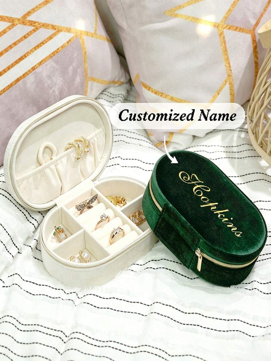 Customized Name Velvet Travel Jewelry Box, Portable Oval Zipper Jewelry Storage Box, Personalized Bridesmaid Birthday Wedding Women Gift - Multicolor - View 1