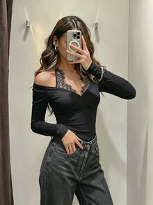 Women's Regular-Length Long-Sleeved V-Neck Knitted Sweater, Soft And Highly Elastic Fitted Base Layer Top With Lace Color-Blocking Design - Black - View 1