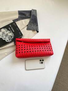 純色PU皮革輕量大容量翻蓋磁扣小方包，多功能派對與晚餐包，適合女性 - 紅色 - 查看 5