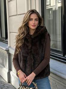 2026 Christmas Winter New Fashion Hooded Plush Faux Fur Elegant Casual Vest Jacket - Coffee Brown - View 4