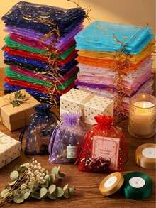 100/50/30/10pcs/Set Star & Moon Organza Drawstring Gift Bags, Gold Glitter Transparent Mesh Bags, Multicolor Transparent Organza Candy Jewelry Packaging Bags, Suitable For Wedding Party Holiday Favors - Multicolor - View 1