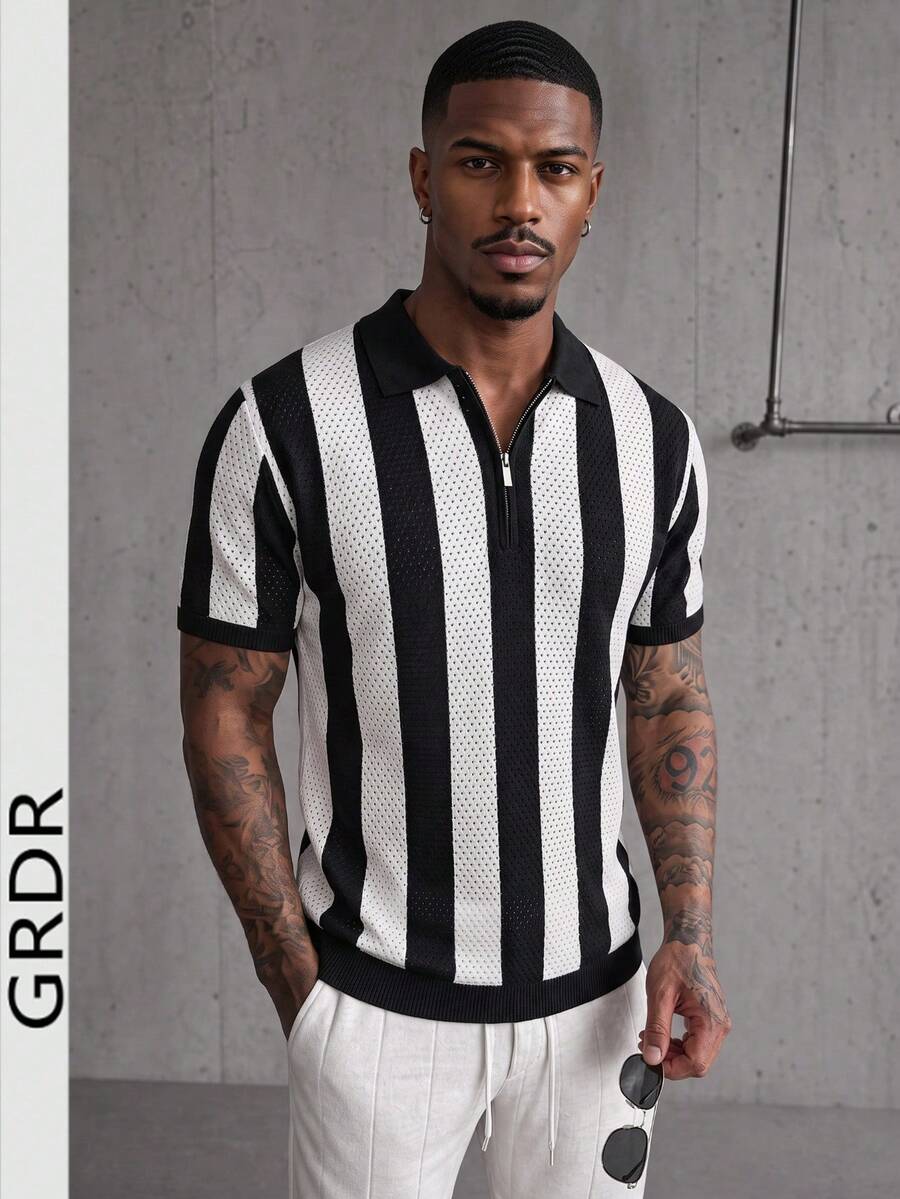 GRDR Men's Spring/Summer Turn-Down Collar Short Sleeve Half-Zip Black & White Wide Stripe Hollow Knit Polo Shirt - Fashionable Versatile Daily Wear - Black - View 1