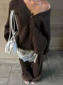 Autumn/Winter Retro Old Money Style Loose Women's Sweater Cardigan, V-Neck Button Front - Coffee Brown - View 1