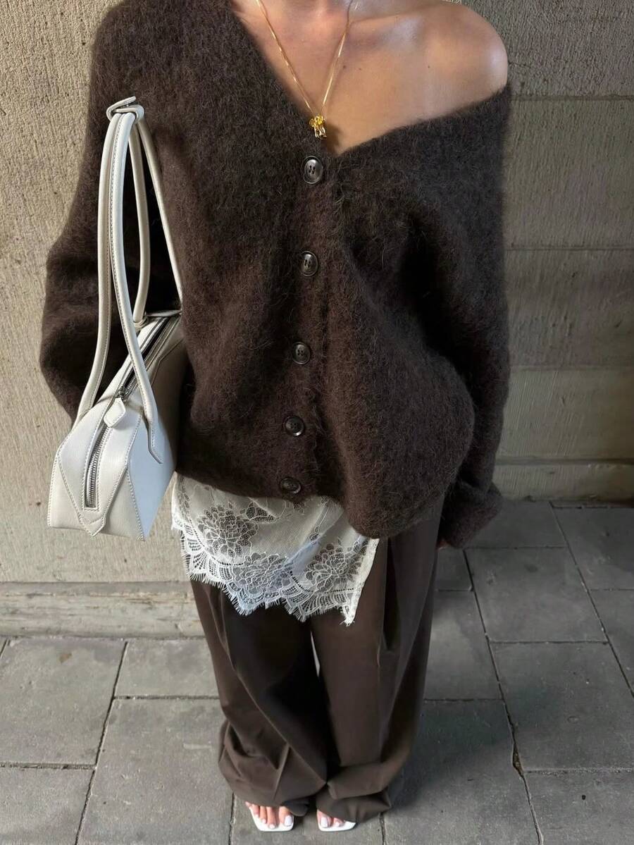 Autumn/Winter Retro Old Money Style Loose Women's Sweater Cardigan, V-Neck Button Front - Coffee Brown - View 1