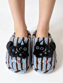Cute Cartoon Cat Fluffy Slippers Women's Striped Plush Warm Indoor Bedroom Slippers Soft And Comfortable - Blue - View 1