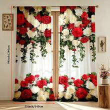 2pcs Elegant Red & White Rose Floral Print Curtains - Rod Pocket Design For Living Room, Bedroom,Wedding, Kitchen & Office Decor, Bohemian Style, Polyester Fabric(Rod Not Included),Good Transparency, 2D Flat Printing,90gsm - Multicolor - View 16