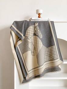 1pc Faux Cashmere Design Horse Pattern Jacquard Warm Scarf For Women, Air Conditioning Room Blanket, Autumn/Winter Outdoor Travel Cold Protection Neck Warm Decorative Scarf Shawl Dual Use, Suitable For Daily Matching, First Choice For Gift Giving - Grey - View 2