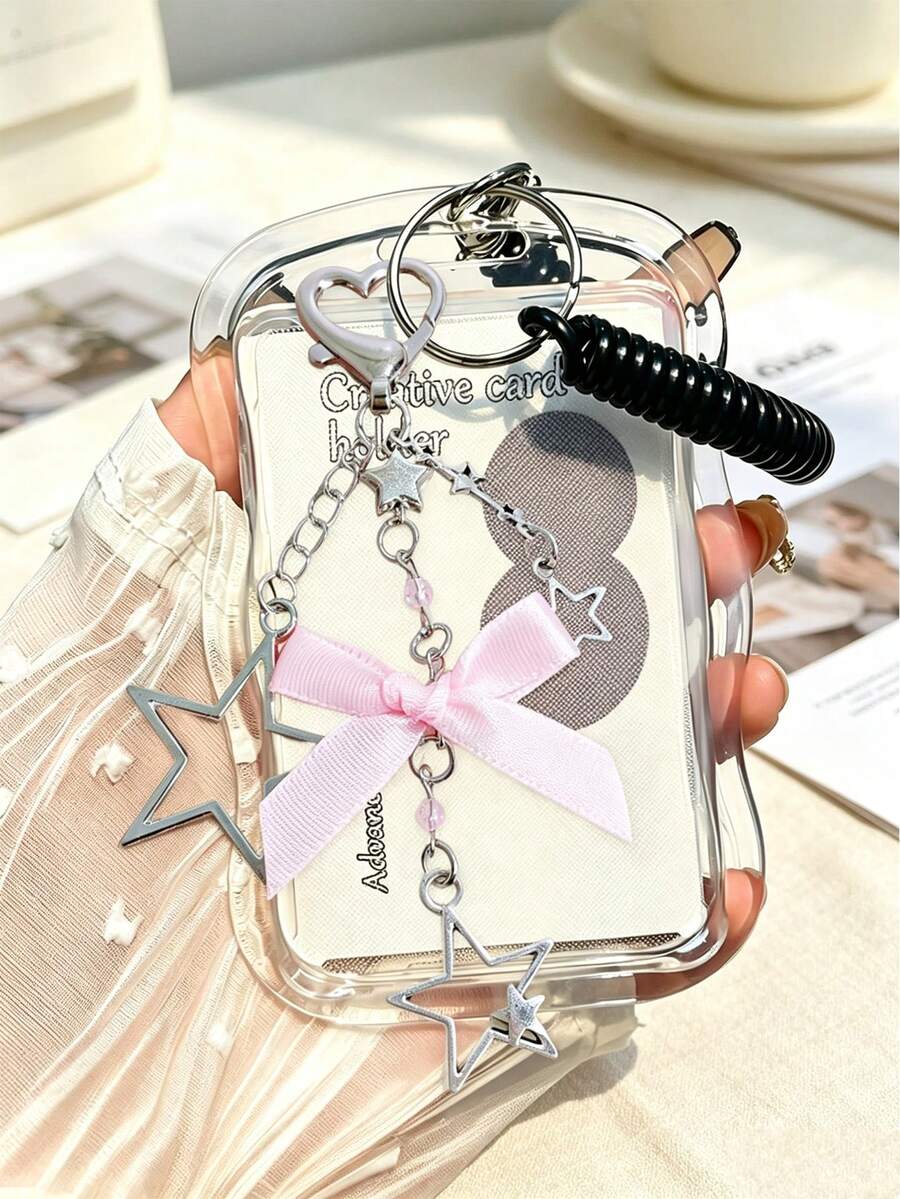 Scalable Star Card Holder Keychain,Durable Transparent ID Card Holder Set, With Detachable And Erasable Sliding Cover,Detachable Hanging Rope/Pendant - Multicolor - View 1