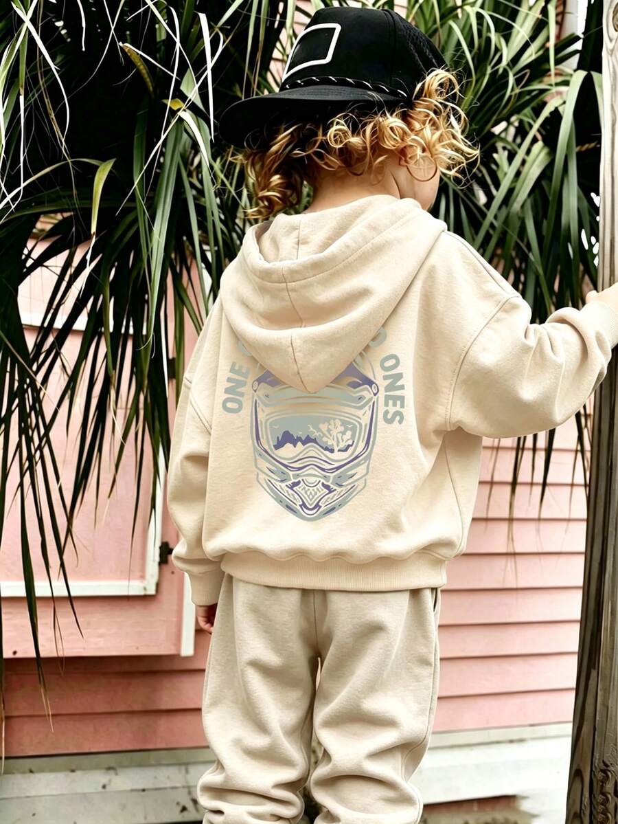 Young Boy Fun Print Sweatshirt, Warm And Comfortable Thermal-Lined Pullover Sweatshirt For Autumn/Winter - Apricot - View 1