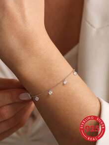 1pc S925 Sterling Silver Delicate Minimalist Luxury Gentle Rhinestone Pendant Bracelet For Women, Personalized Fashion Elegant Elegant Cool Aesthetic Ins Artistic Style Niche Jewelry, Daily Commute Date Outfit Romantic Atmosphere Sparkling Exquisite Wrist Accessory, Gift For Girlfriend Best Friend Holiday - Diamond - View 13