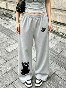 1pc Cute Girls Wide Leg Sweatpants, Climbing Cat & Casual Cat Pattern, Soft Casual Streetwear Long Pants - Grey - View 1
