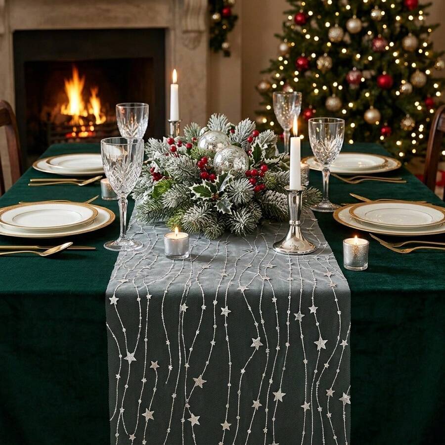Christmas Star Theme Table Runner Party Tablecloth Silver Star Pattern Party Background Decoration, Suitable For Birthday Anniversary Home Decor Holiday Party Photo Backdrop Christmas Party Banquet Decoration - Silver - View 1