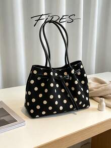 1PC New Women's Polka Dot Print PU Large Capacity Tote Bag, Belt Buckle Design Shoulder Bag, Simple Commute Large Bag, Suitable For Daily Outings, Shopping, Commuting, Versatile Women's Handbag/Shoulder Bag - Black - View 5