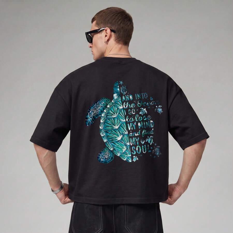 1 Piece Men's Short Sleeve Oversized Fit T-Shirt, Green Sea Turtle Graphic Print, Casual Summer Streetwear, Cotton Blend Breathable Fabric. - Black - View 1