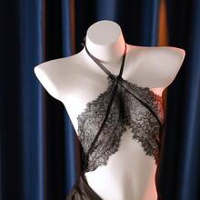 2-Piece Sexy Lingerie Set For Women Party Club Dress, Lace Bodycon Halter Neck Secretary Roleplay Nightgown - Black - View 5