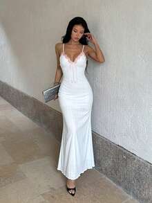1pc Solid Color Elegant Knit Fabric Lace Patchwork Dress For Wedding Beach Summer - White - View 3