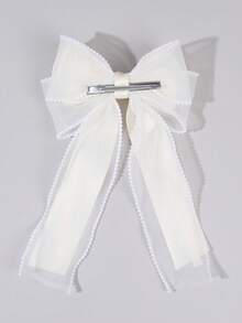 1pc Beige Grosgrain Ribbon Hair Bow For Girls Pearl Lace Trim Decor Long Streamer Alligator Clip Sweet Daily Hair Clips Kids Hair Accessories - Beige - View 7