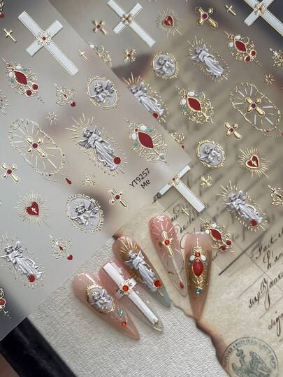 復古宗教美甲貼紙 金色銀色壓紋十字架天使聖心圖案 自黏式美甲貼花 復古哥德風 DIY 美甲裝飾配件