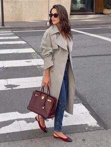 Fall Vintage Light Grey Lapel Double Breasted Long Trench Coat For Women, Belted Waist Oversized Jacket For Work Party - Beige - View 10