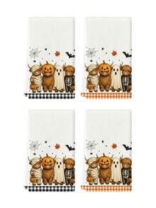 2pcs/4pcs Halloween Kitchen Towels, Highland Cow Mummy Ghost Skeleton Pumpkin Bat Spider Web Print, Plaid Trim Home Decor Hand Towels - Multicolor - View 11