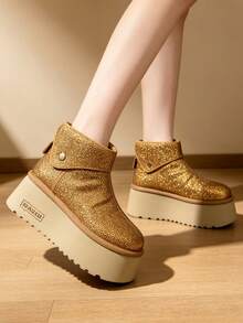 Y2K Hot Girl Style Women's Short Snow Boots With Foldable Shaft And Metal Snap Button Decor, Suitable For Winter Parties, Gatherings, Daily Streetwear, Height-Increasing Warm Ankle Boots - Ginger Yellow - View 2
