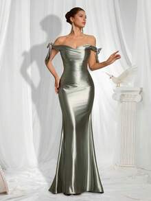 VIPGIRL New Silver Strapless Design Satin Fabric Elegant High-End Luxury Women's Formal Evening Gown - Silver - View 4