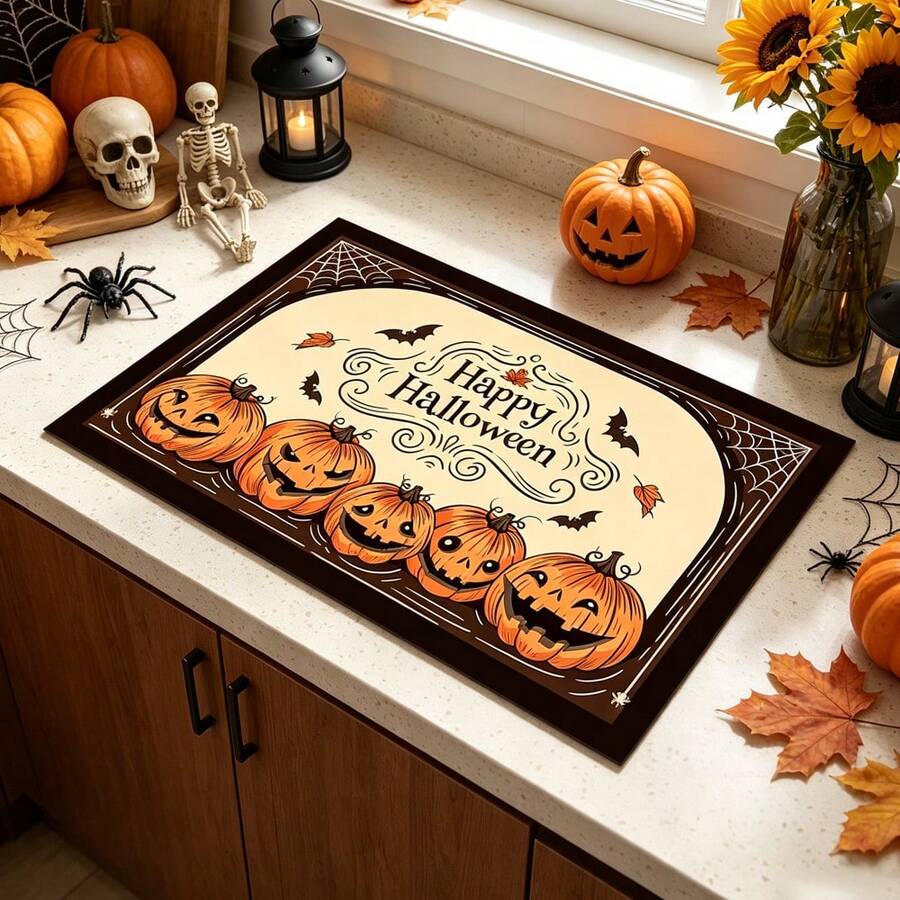 1pc Dish Drying Mat, Coffee Machine Mat, Halloween Pumpkin & Bat Pattern Dish Drying Mat, Absorbent & Quick-Drying, Protects Tabletop, Suitable For Kitchen Countertop, Practical Halloween Atmosphere Decor, Multi-Purpose Drying Mat, Home Gift, Tabletop Decoration