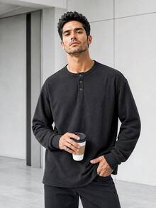 1pc Men's Henley Neck Waffle Knit T-Shirt, Waffle Fabric, Comfortable Casual, Henley Collar, Easy To Wear, Button Detail, Suitable For Daily Wear, Old Money Style - Black - View 10