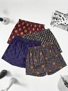 4pcs Men's Luxury Black & Gold Series Printed Pajama Pants, High-End Elastic Comfortable Boxer Shorts, Plus Size, Breathable Thin Fabric With Elastic Waistband - Multicolor - View 3