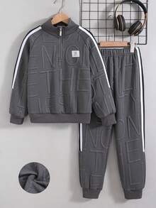 Tween Boys' Casual Fashion Zip-Up Half-Placket Stand Collar Long Sleeve Top And Straight Leg Pants 2 Pieces Set, Autumn/Winter - Grey - View 1