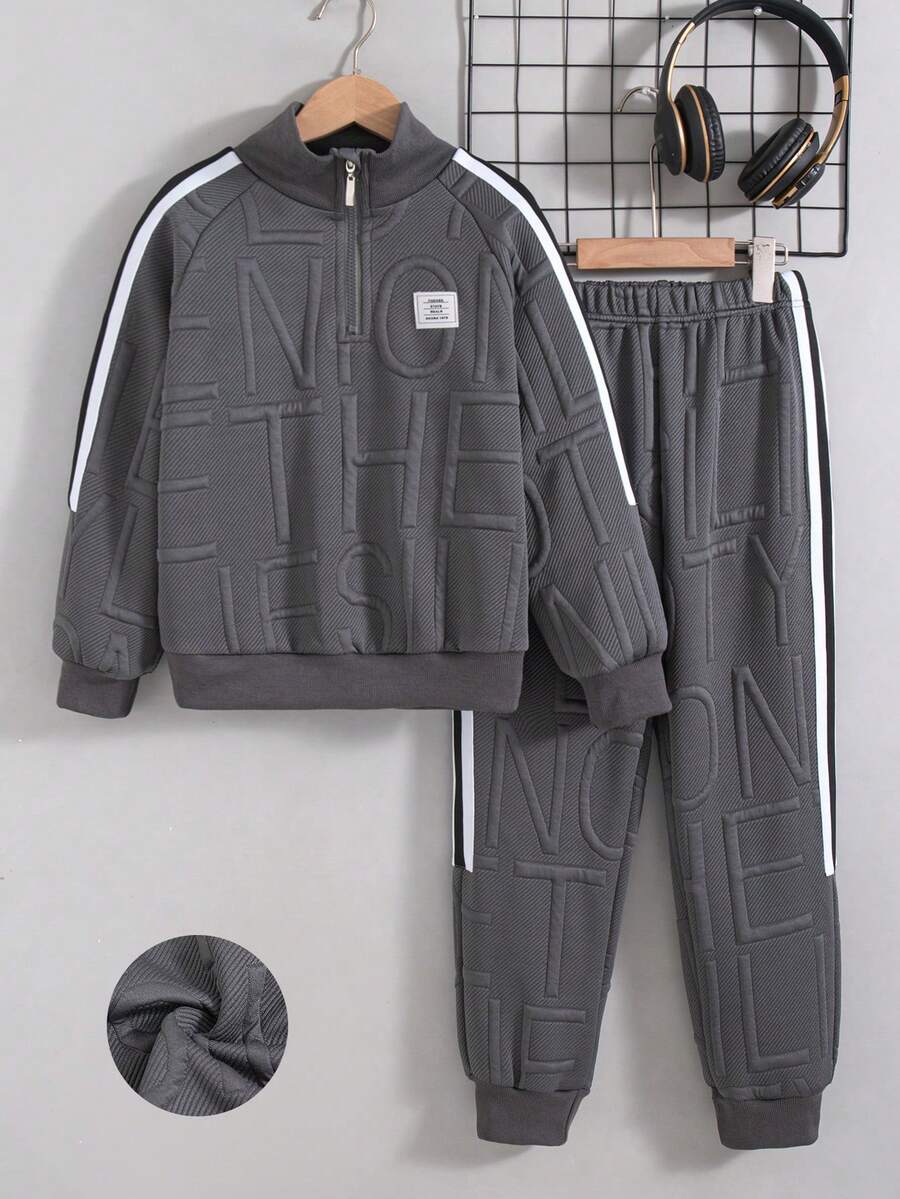 Tween Boys' Casual Fashion Zip-Up Half-Placket Stand Collar Long Sleeve Top And Straight Leg Pants 2 Pieces Set, Autumn/Winter - Grey - View 1