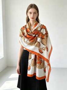 1PcVintage Chain Print Large Scarf, Soft Faux Cashmere Warm Shawl Wrap, Retro Old Money Style Fashion Neck Scarf For Women - Multicolor - View 4