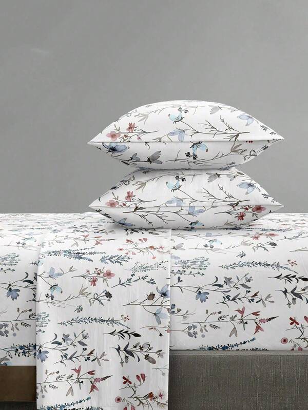 4-Piece White Garden Leaf & Branch Floral Pattern Bedding Set, Easy-Care Soft Bedding Set, Fitted Sheet Set (1 Flat Sheet + 1 Fitted Sheet + 2 Pillowcases), Fitted Sheet Set, Suitable For King, Queen, Full, Twin Sizes, Deep Pocket Fitted Sheet Design, Pillowcases Up To 11.8 Inches, Soft & Breathable, Wrinkle-Resistant, Back To School Dorm Bedding
