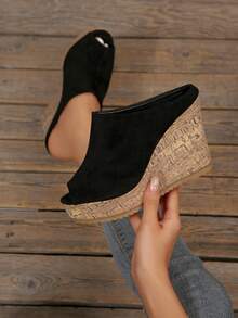 New Thick Sole Wedge High Heel Pumps Women's Sandals Platform Wood Grain Sole Open Toe Closed Back Shoes - Black - View 1