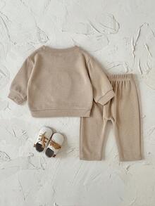 2Pcs/Set Infant/Toddler Popcorn Fleece Embroidered Sweatshirt Set, Spring/Autumn Round Neck Long Sleeve Top & Solid Color Casual Pants, 2 Pieces Children's Outfit - Khaki - View 7